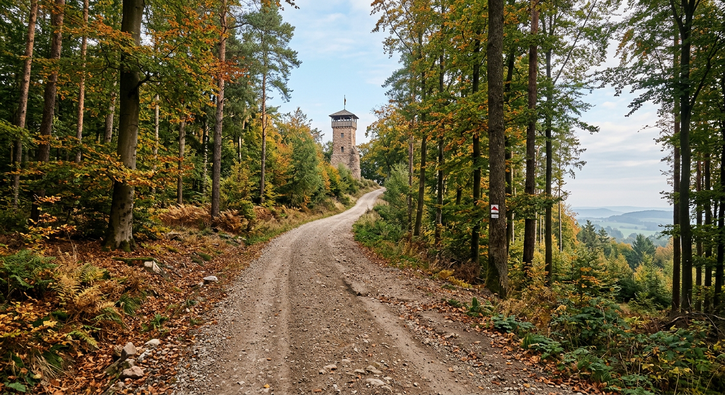 Forest trail leading up to the stone lookout tower on the Moritzberg