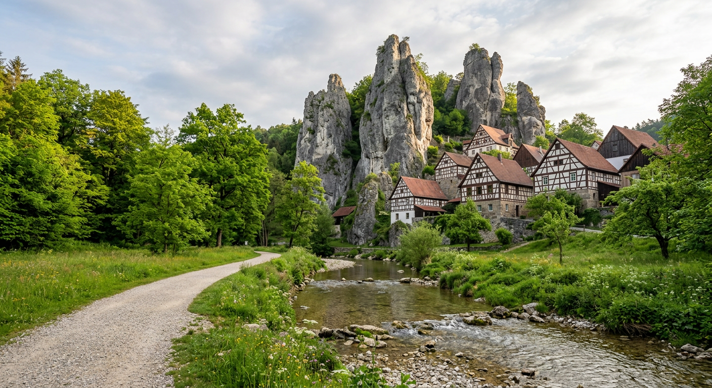 Limestone rock towers and houses at Tüchersfeld beside the Püttlach stream