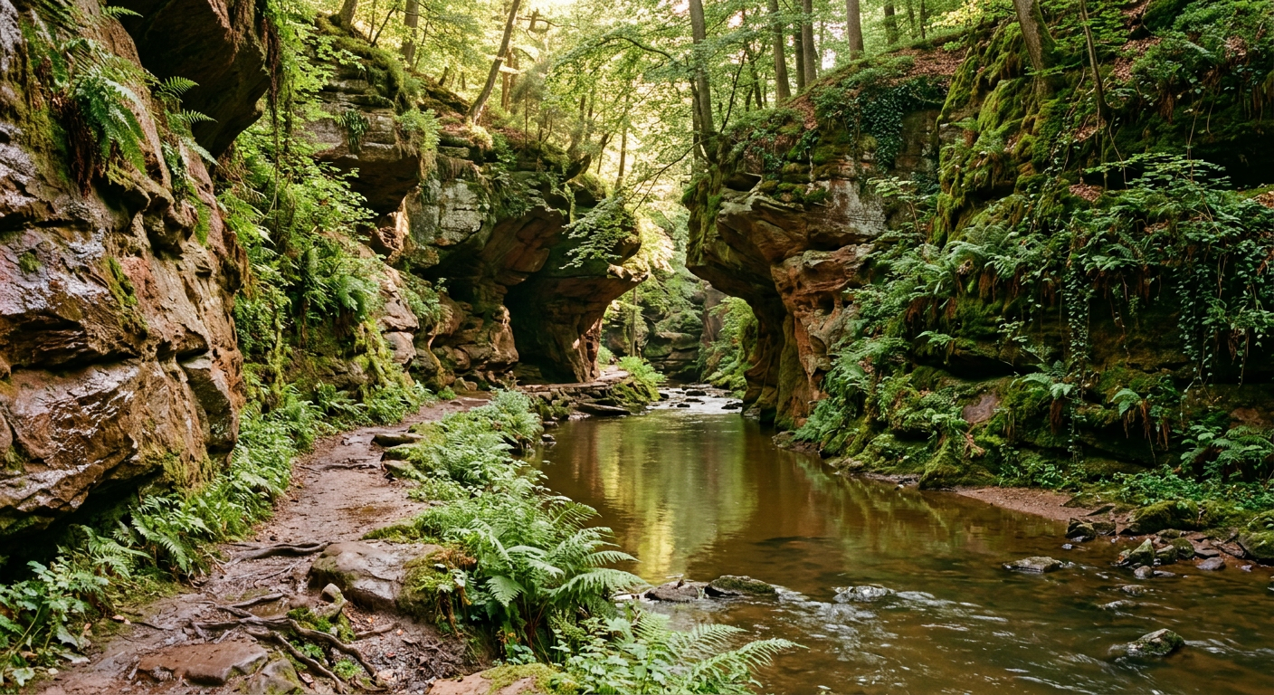 Mossy red sandstone walls of the Schwarzachklamm gorge above a calm river