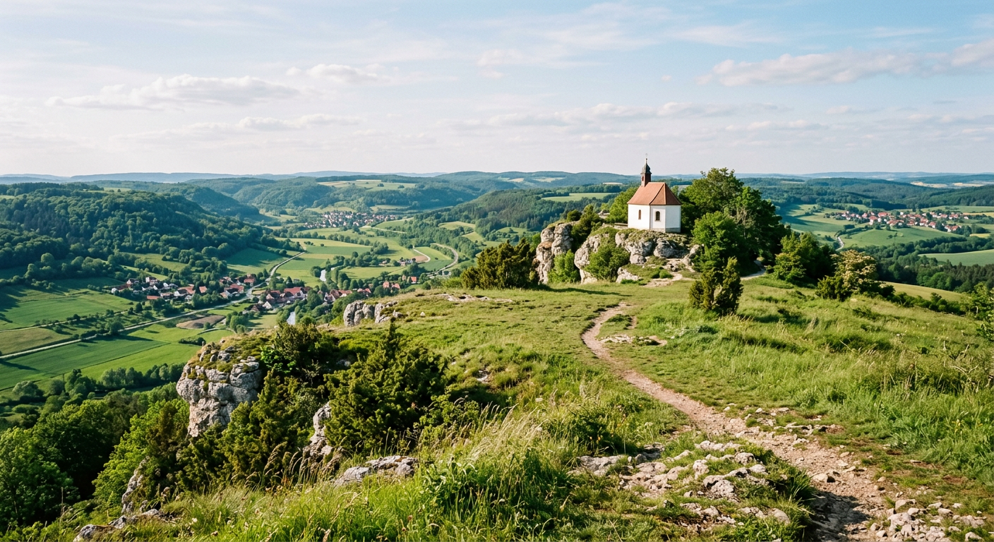 Grassy plateau of the Walberla with a small chapel and view over the Wiesent valley