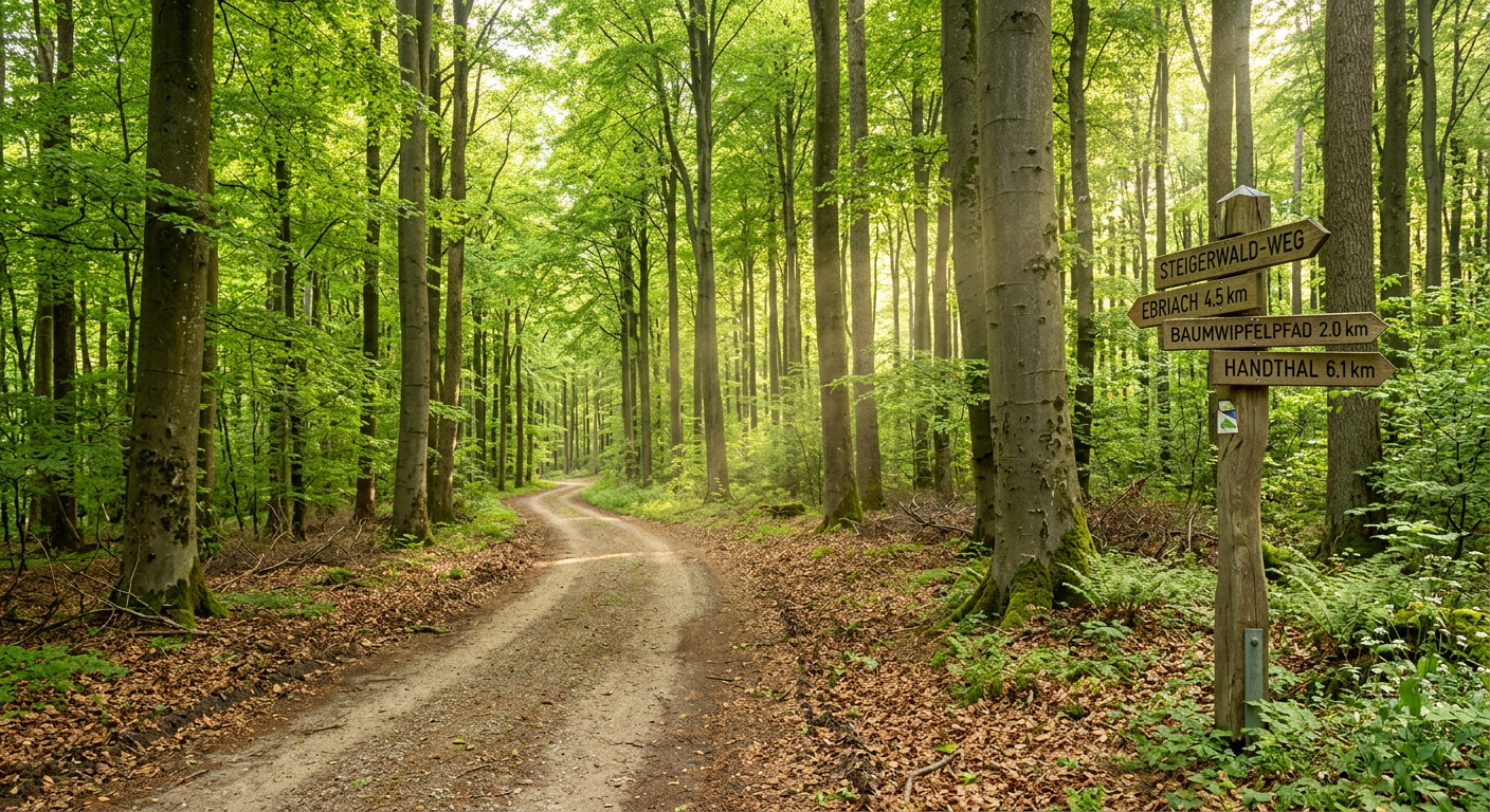 Wide forest road through tall bright beech trees in the Steigerwald